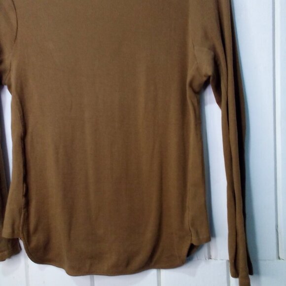 Zara Shirt Women L Long Sleeve Ribbed Faux Leather Shoulder Patch Brown Black - Picture 13 of 15